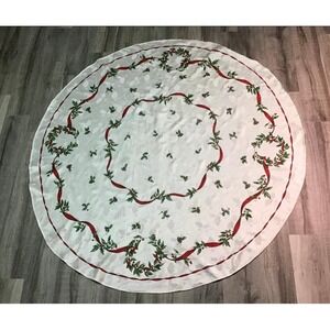 68" Vintage Round Damask Holly & Ribbon Christmas Tablecloth - Vintage Holiday